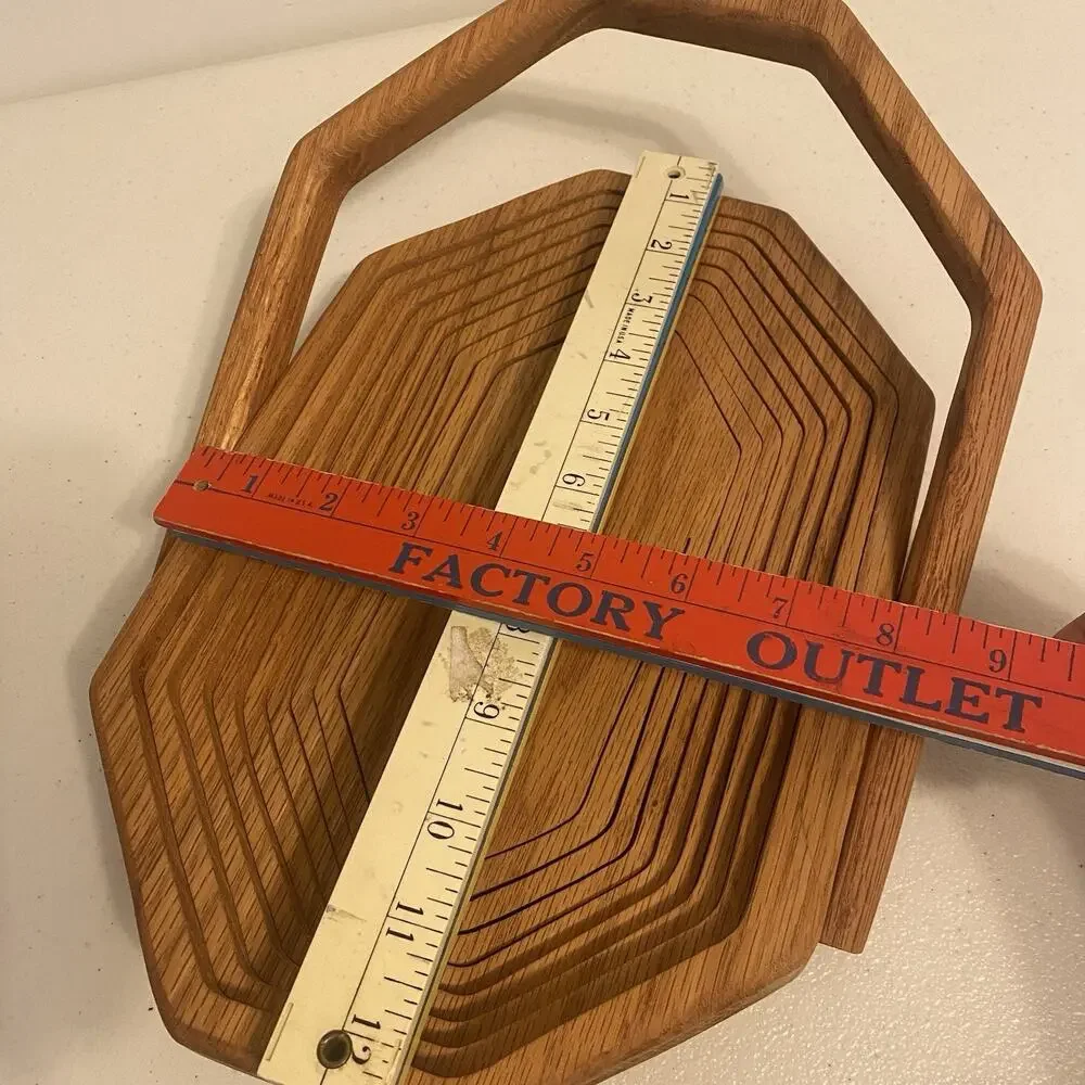 Vintage 90s Collapsible Octagon Spiral Wood Fruits Basket Decor w/Handle 12x8”